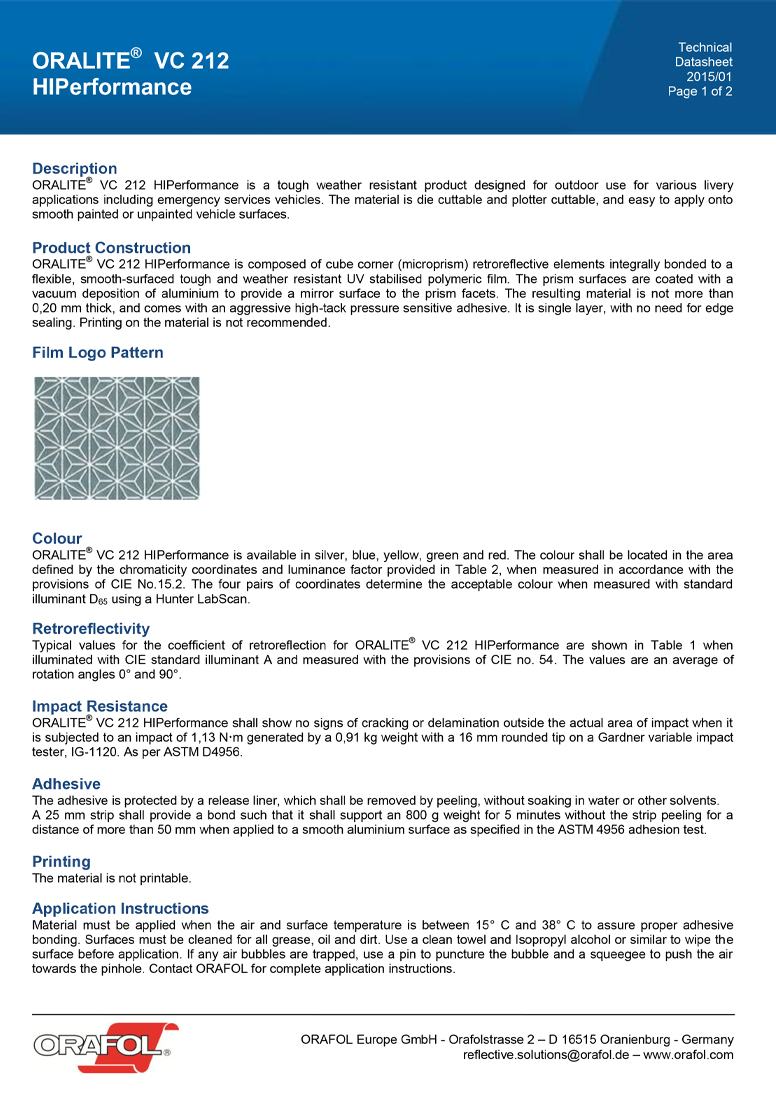 Oralite VC212 – Technical Data