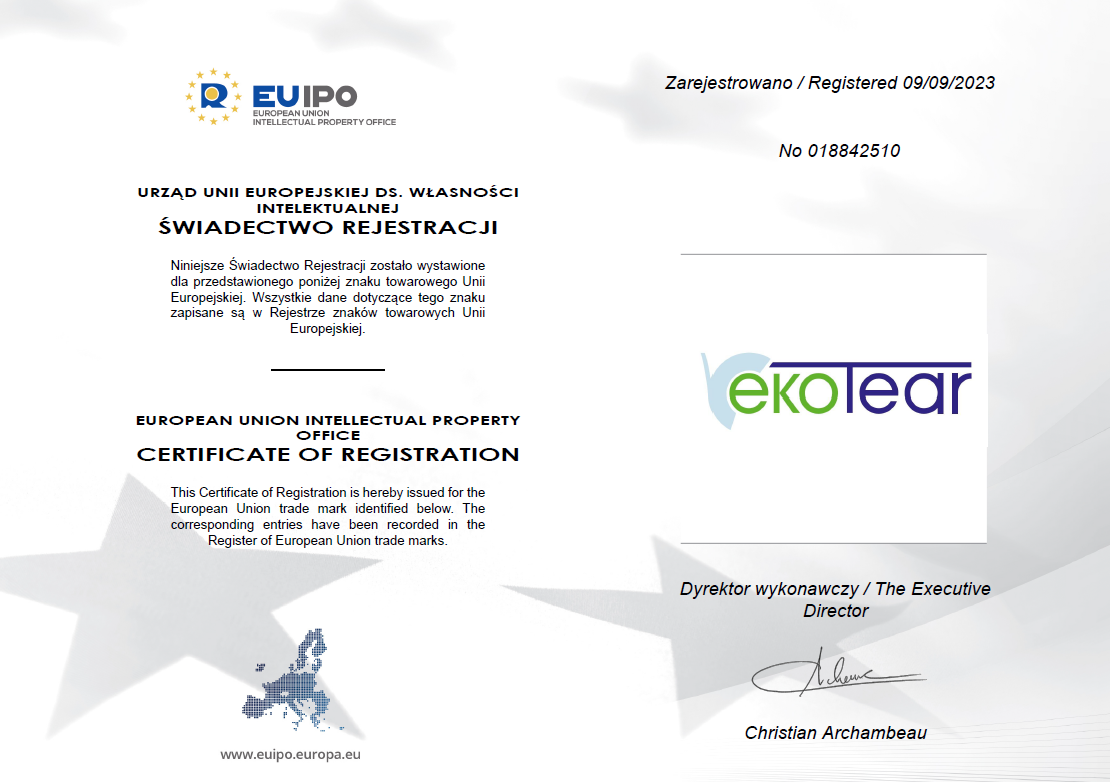Ekotear® - certyfikat rejestracji znaku